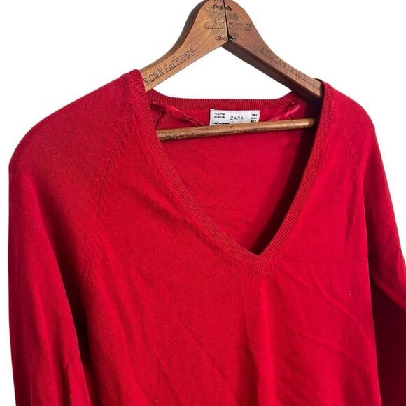 Zara V-Neck Knit Raglan Long Sleeve Cotton Blend Pullover Sweater Red Medium - Picture 4 of 8